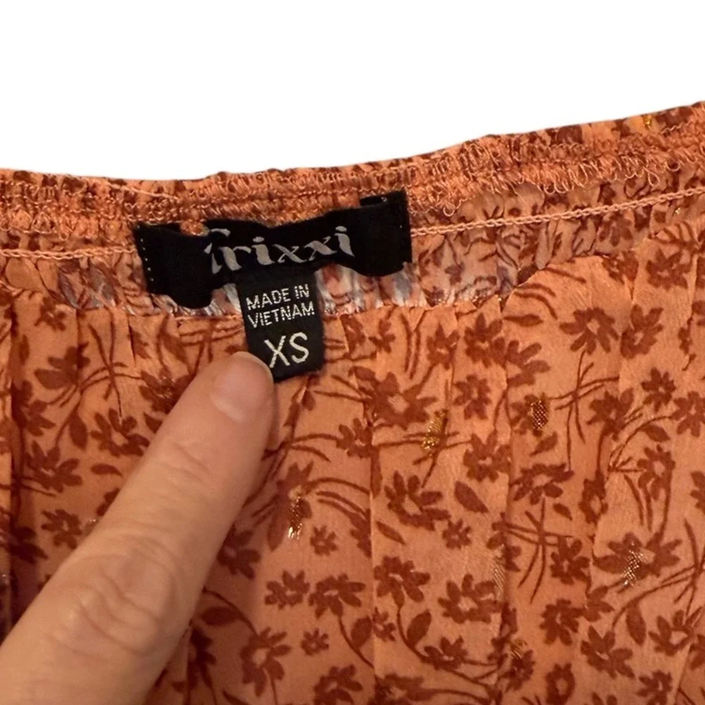 Trixxi Floral Tiered Maxi Dress Rust Orange Lurex XS Boho Cottagecore - Picture 3 of 8